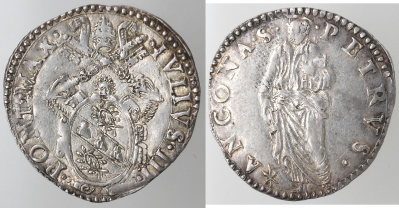 Zecche Italiane. Ancona. Giulio III. 1550-1555. Giulio. Ag. Munt. 4. Mir. 993/4....