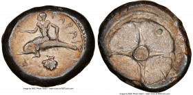 CALABRIA. Tarentum. Ca. 480-450 BC. AR didrachm (23mm, 7.14 gm). NGC Choice VF 4/5 - 3/5, punch mark. TAPAS, Taras astride dolphin left, right hand ou...