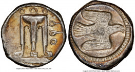 BRUTTIUM. Croton. Ca. 480-430 BC. AR stater or nomos (20mm, 7.95 gm, 11h). NGC Choice VF 5/5 - 4/5. ϘPO (retrograde), ornamented sacrificial tripod, l...