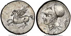 CORINTHIA. Corinth. 4th century BC. AR stater (20mm, 8.57 gm, 7h). NGC Choice AU 4/5 - 4/5, die shift. Pegasus with pointed wing flying left, Ϙ below ...