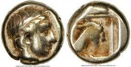 LESBOS. Mytilene. Ca. 454-427 BC. EL sixth-stater or hecte (9mm, 2.50 gm, 1h). NGC Choice Fine 5/5 - 4/5. Laureate head of Apollo right / Goat's head ...