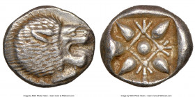 IONIA. Miletus. Ca. late 6th-5th centuries BC. AR obol (9mm). NGC AU. Milesian standard. Forepart of roaring lion left, head reverted / Stellate flora...