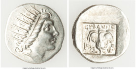 CARIAN ISLANDS. Rhodes. Ca. 88-84 BC. AR drachm (15mm, 2.23 gm, 11h). VF. Plinthophoric standard, Euphanes, magistrate. Radiate head of Helios right /...