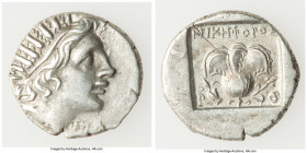 CARIAN ISLANDS. Rhodes. Ca. 88-84 BC. AR drachm (15mm, 2.11 gm, 1h). Choice XF. Plinthophoric standard, Lysimachus, magistrate. Radiate head of Helios...