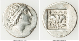 CARIAN ISLANDS. Rhodes. Ca. 88-84 BC. AR drachm (16mm, 2.59 gm, 11h). XF, brushed. Plinthophoric standard, Philon, magistrate. Radiate head of Helios ...