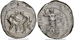 PAMPHYLIA. Aspendus. Ca. 325-250 BC. AR stater (22mm, 12h). NGC Choice VF. Two wrestlers grappling; KY between / ΕΣΤFΕΔΙΥ, slinger standing right, pla...