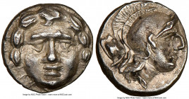 PISIDIA. Selge. Ca. 4th century BC. AR obol (9mm, 1.00 gm, 5h). NGC Choice AU 4/5 - 4/5. Head of gorgoneion facing with flowing hair / Head of Athena ...