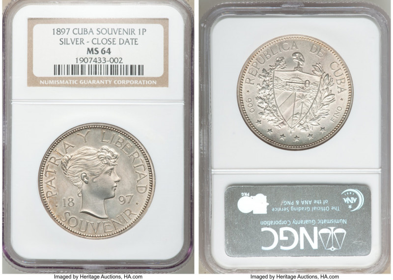 Republic Souvenir Peso 1897 MS64 NGC, KM-XM2. Type II, Date closely spaced, star...