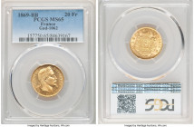 Napoleon III gold 20 Francs 1869-BB MS65 PCGS, Strasbourg mint, KM801.2. Lustrous and Gem, only one graded higher. 

HID09801242017

© 2020 Herita...