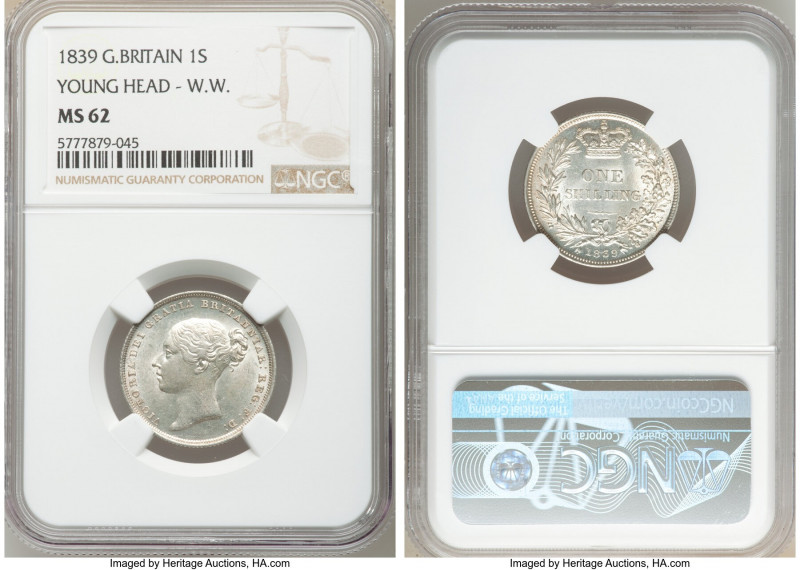 Victoria Shilling 1839 MS62 NGC, KM734.1, S-3904. W.W. on truncation. 

HID098...