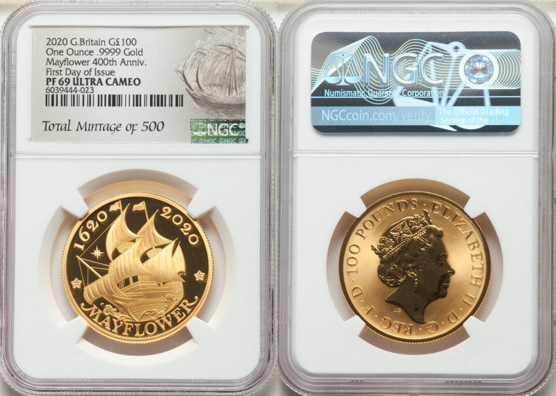 Elizabeth II gold Proof "Mayflower 400th Anniversary" 100 Pounds (1 oz) 2020 PR6...
