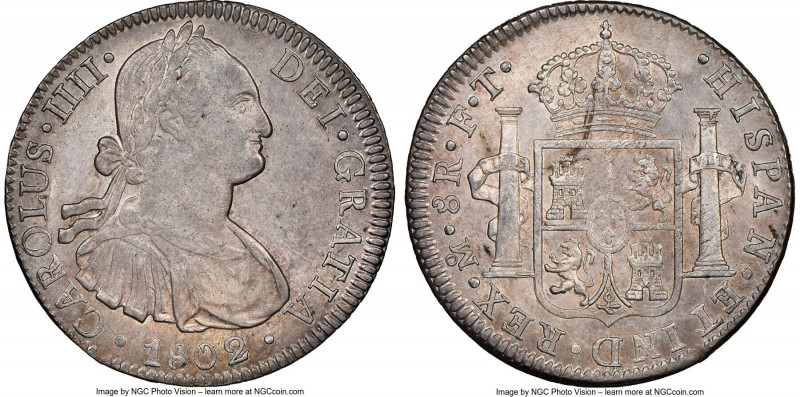 Charles IV 8 Reales 1802 Mo-FT AU55 NGC, Mexico City mint, KM109. Glowing yet mu...