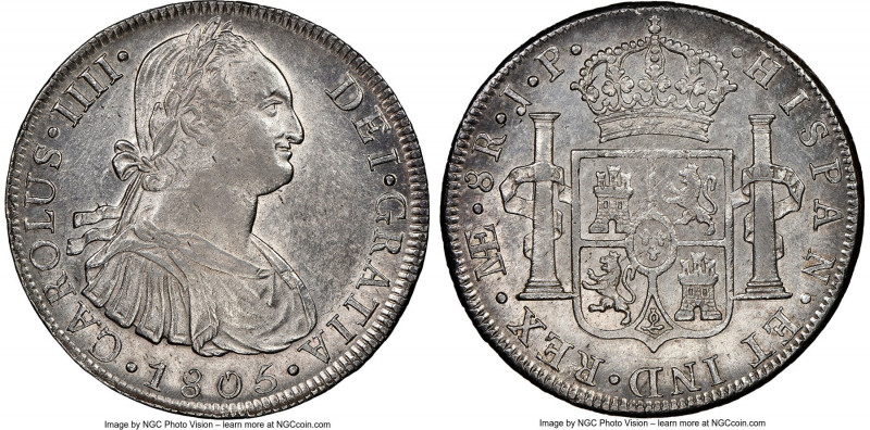Charles IV 8 Reales 1805 LM-JP AU58 NGC, Lima mint, KM97. Conservatively graded....