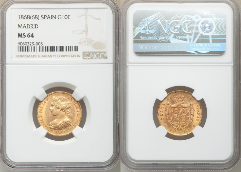 Isabel II gold 10 Escudos 1868(68) MS64 NGC, Madrid mint, KM636.1. Replete with ...