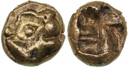 Ionia, Uncertain. Myshemihekte – 1/24 Stater - Electrum (circa 600-550 BC)
0.64 g. 6mm. XF/XF Phokaic standard. Head of a lionness to right. Rev. Inc...