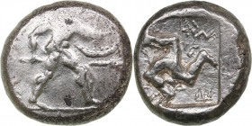 Pamphylia - Aspendos AR Stater (circa 465-430 BC)
10.72 g. 20mm. AU/UNC Mint luster. Hoplite advancing to right, holding shield and spear / Triskeles...