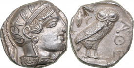Attica - Athens AR Tetradrachm (circa 454-404 BC)
17.15 g. 25mm. UNC/AU Mint luster. Very rare condition! Helmeted head of Athena right, with frontal...