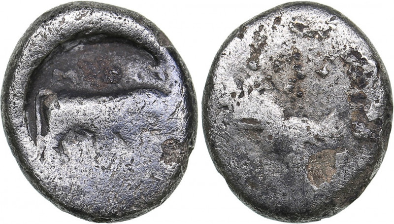 Southern Lucania - Sybaris AR Triobol (c. 446-440 BC)
1.11 g. 10mm. F/F Poseido...