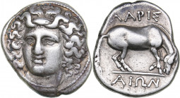 Thessaly, Larissa - AR Drachm (circa 356-342 BC)
5.92 g. 19.5mm. VF/VF Head of the nymph Larissa facing slightly left, hair in ampyx / Horse standing...