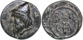 Troas, Birytis - AE (circa 350-300 BC)
1.31 g. 11mm. XF/XF Head of Kabeiros to left, wearing pileos; above, two stars./ B-I/P-Y Club within wreath. S...