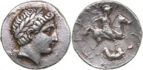 Paeonian Kingdom, Patraos - AR tetradrachm (circa 335-315 BC)
12.54 g. 24mm. XF-/XF+ Laureate head of Apollo right / ΠATRAOY, warrior on horse rearin...