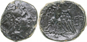 Macedonian Kingdom AE - Perseus (179-168 BC)
5.67 g. 18mm. VF/XF Helmeted head of Perseus right/ B - A, Eagle standing left on thunderbolt, head righ...