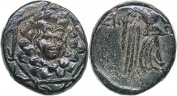 Pontos, Amisos. Æ (circa 85-65 BC)
7.97 g. 21mm. VF+/VF+ Aegis / AMI-ΣOY, Nike advancing right, holding palm tied with fillet over left shoulder.