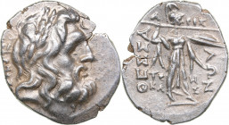 Thessaly, Thessalian League - AR Stater (1st century BC)
6.19 g. 24mm. AU/AU Mint luster. Laureate head of Zeus to right/ ΘΕΣΣΑ / ΛΩΝ Athena Itonia s...