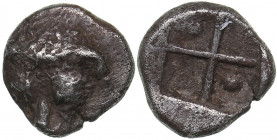 Bosporus Kingdom, Pantikapaion AR hemiobol (Circa 470-460 BC)
0.29 g. 6mm. XF/XF Lion head facing / Quadripartite incuse square, pellet in two segmen...