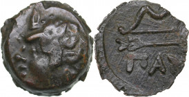Bosporus Kingdom, Pantikapaion Æ obol (Ca. 275-245 BC)
2.08 g. 14mm. XF/XF Perisad II., 284-245 BC. Wreathed head of satyr left / Bow and arrow; ΠΑΝ ...