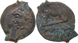 Bosporus Kingdom, Pantikapaion Æ obol (Ca. 275-245 BC)
1.77 g. 16mm. XF/XF Perisad II., 284-245 BC. Wreathed head of satyr left / Bow and arrow; ΠΑΝ ...