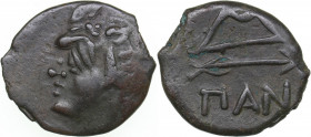 Bosporus Kingdom, Pantikapaion Æ obol (Ca. 275-245 BC)
1.49 g. 14mm. VF/VF Perisad II., 284-245 BC. Wreathed head of satyr left / Bow and arrow; ΠΑΝ ...