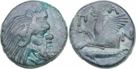 Bosporus Kingdom, Pantikapaion Æ tetrachalcon (Circa 345-310 BC)
6.90 g. 21mm. VF+/VF+ Bearded head of Pan to right / Forepart of griffin to left, Π-...