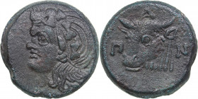 Bosporus Kingdom, Pantikapaion Æ obol (Circa 293-283 BC)
16.03 g. 27mm. VF/VF Head of a beardless Satyr in a wreath left / ΠΑΝ. Bull's head to the le...