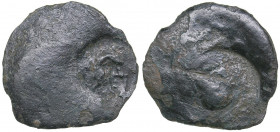 Bosporus Kingdom, Pantikapaion Æ obol (Circa 205-185 BC)
3.13 g. 21mm. F/F The satyr's head countermark. / Athena's head in a helmet.