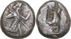 Persia, Achaemenid Empire AR Siglos (circa 480-420 BC)
5.43 g. 15mm. VF Time of Darios I to Xerxes II, circa 485-420 BC. Persian king or hero in knee...