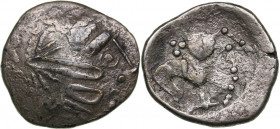 Celtic - Lower Danube - AR Tetradrachm (2nd century BC)
6.41 g. 24mm. VF/VF Imitation of Philip II tetradrachm. Head of Philip II right./ Naked youth...
