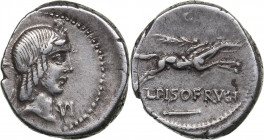 Roman Republic AR Denar - L. Calpurnius Piso Frugi (ca. 90 BC)
3.97 g. 19mm. XF-/VF+ Laureate head of Apollo right/ L PISO FRVGI, horseman galloping ...