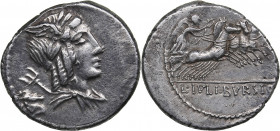 Roman Republic AR Denar - L. Iulius Bursio (85 BC)
3.76 g. 20mm. VF+/VF+ Laureate, winged, and draped bust of Genius (or Apollo Vejovis) right, tride...