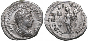 Roman Empire AR Denarius - Elagabalus (218-222 AD)
2.84 g. 20mm. VF/VF IMP ANTONINVS PIVS AVG, Bust right/ LIBERALITAS AVG II