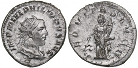 Roman Empire Antoninianus - Philip the Arab (244-249 AD)
4.09 g. 22mm. XF+/XF Mint luster. IMP M IVL PHILIPPVS AVG/ AEQVITAS AVGG. RIC 27
