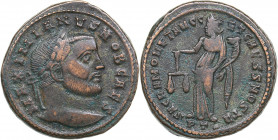 Roman Empire Æ Follis - Maximian 286-305 AD
11.23 g. 27mm. VF+/VF+ MAXIMINVS NOB CAES/ SACRA MONETA AVGG ET CAESS NOSTR