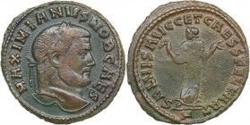Roman Empire Æ Follis - Maximian II 305-313 AD
9.63 g. 28mm. VF+/VF+ MAXIMINVS NOB CAES/ SALVIS AVGG ET CAESS FEL KART