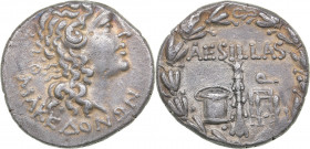 Macedonia under Roman Rule AR Tetradrachm. Aesillas, quaestor. Circa 95-70 BC.
16.18 g. 28mm. XF-/XF- MAKEΔONΩN, Head of the deified Alexander the Gr...