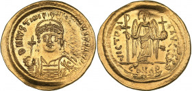 Byzantine AV Solidus - Justinian I (527-565 AD)
4.48 g. 21mm. UNC/UNC Double strike. Mint luster. D N IVSTINIANVS P P AVG/ VICTORIA AVGGG CONOB.
