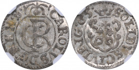 Riga - Sweden Solidus 1665 - Karl XI (1660-1697) - NGC MS 64
Only two coins in higher grade. Mint luster. Very rare condition. Haljak# 1575. SB 104.