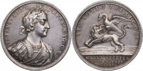 Russia - Estonia medal On the Capture of Narva. 1704
14.57 g. 32mm. AU/AU Mint luster. Silver. Christian Wermuth. Berlin. AM. Diakov# 21.21 R2. Tiiu ...
