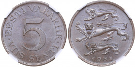 Estonia 5 senti 1931 - NGC MS 63 BN
KM# 11. Mint luster.