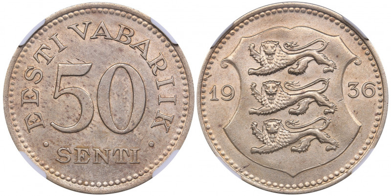 Estonia 50 senti 1936 - NGC MS 62
Mint luster. Rare condition. KM# 18
