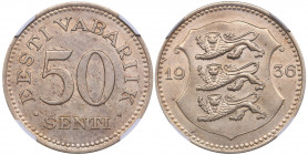 Estonia 50 senti 1936 - NGC MS 62
Mint luster. Rare condition. KM# 18